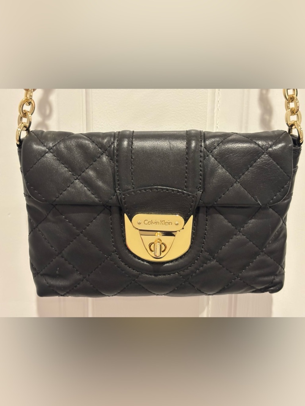 Calvin Klein Black Quilted Leather Bag with Gold Turn-Lock